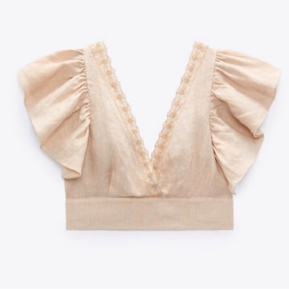ZARA Boho Linen Ruffle Sleeve Crop Top S - Picture 12 of 15